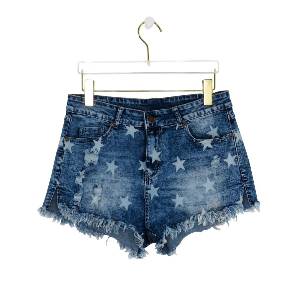 SHEIN Blue Star Print High Rise Denim Cutoff Shorts Frayed Hem Medium Patriotic